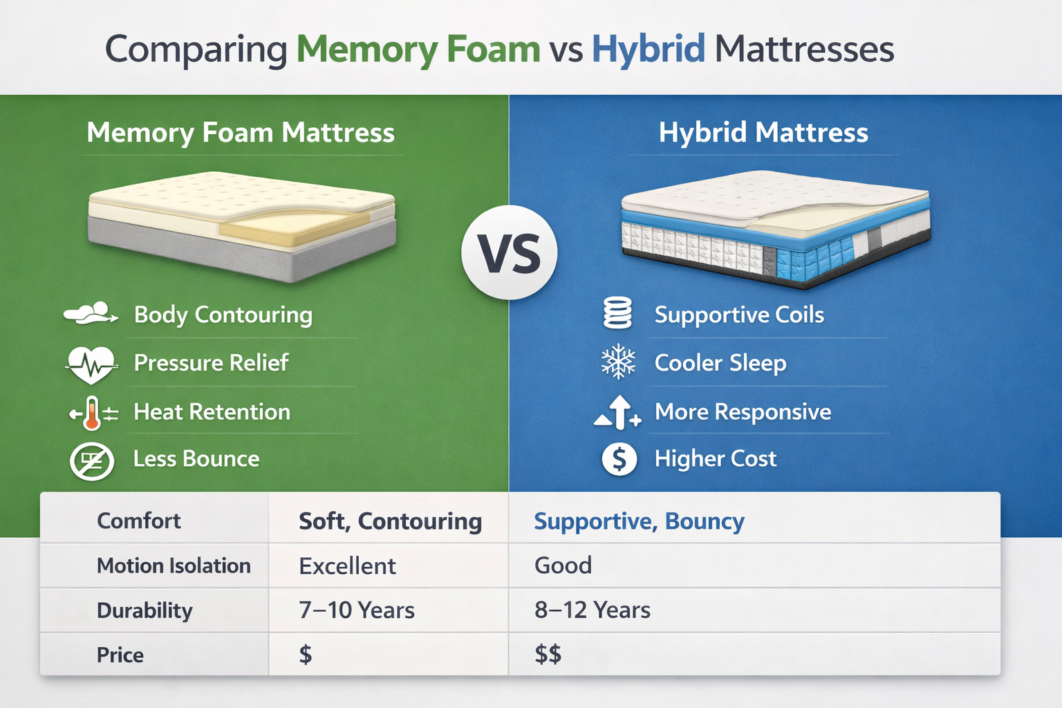 Make a Table Comparing Memory Foam vs Hybrid Mattresses 2026